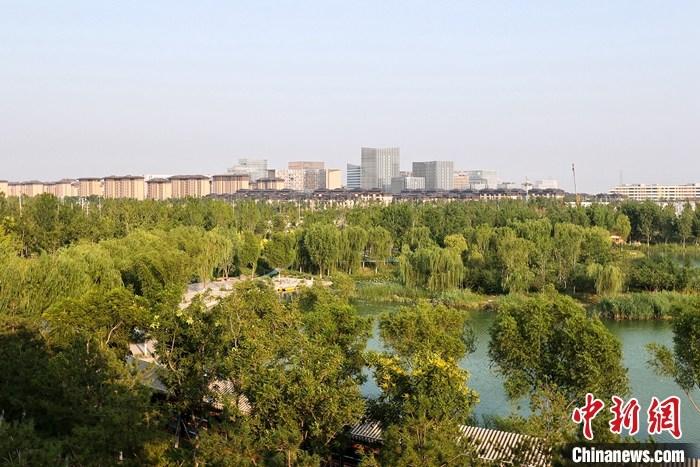 從完成頂層設(shè)計(jì)到如火如荼大規(guī)模建設(shè)，六年來，雄安新區(qū)如春天的竹子一般拔節(jié)生長，這座承載千年大計(jì)的“未來之城”已雄姿初顯。從“一張白紙”開始著墨，如今的雄安新區(qū)已是濃墨重彩的“山水畫”。<a target='_blank' href='/'>中新社</a>記者近日走訪了雄安新區(qū)多地，從“藍(lán)綠金”三色感受這座“未來之城”的巨大變化。圖為7月18日拍攝的河北雄安新區(qū)金湖公園。 <a target='_blank' href='/'>中新社</a>記者 易海菲 攝